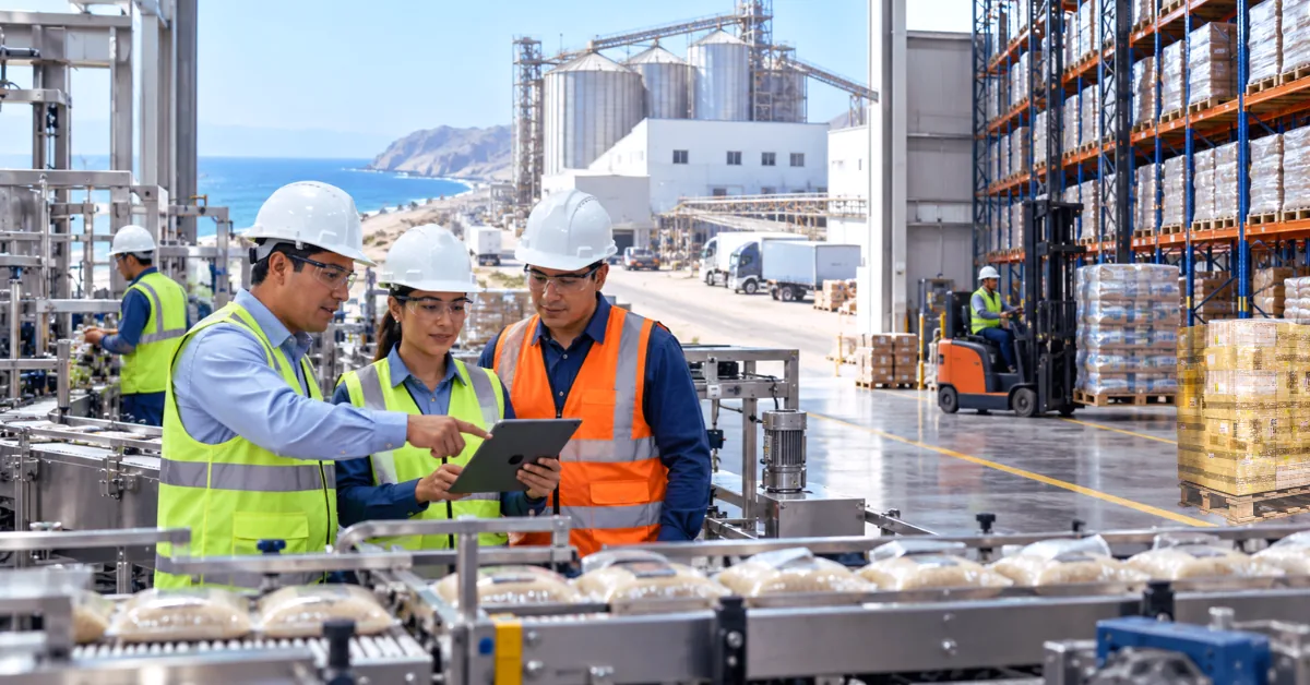 Trabajadores con cascos y chalecos de seguridad revisan una tableta junto a una línea de producción industrial.
